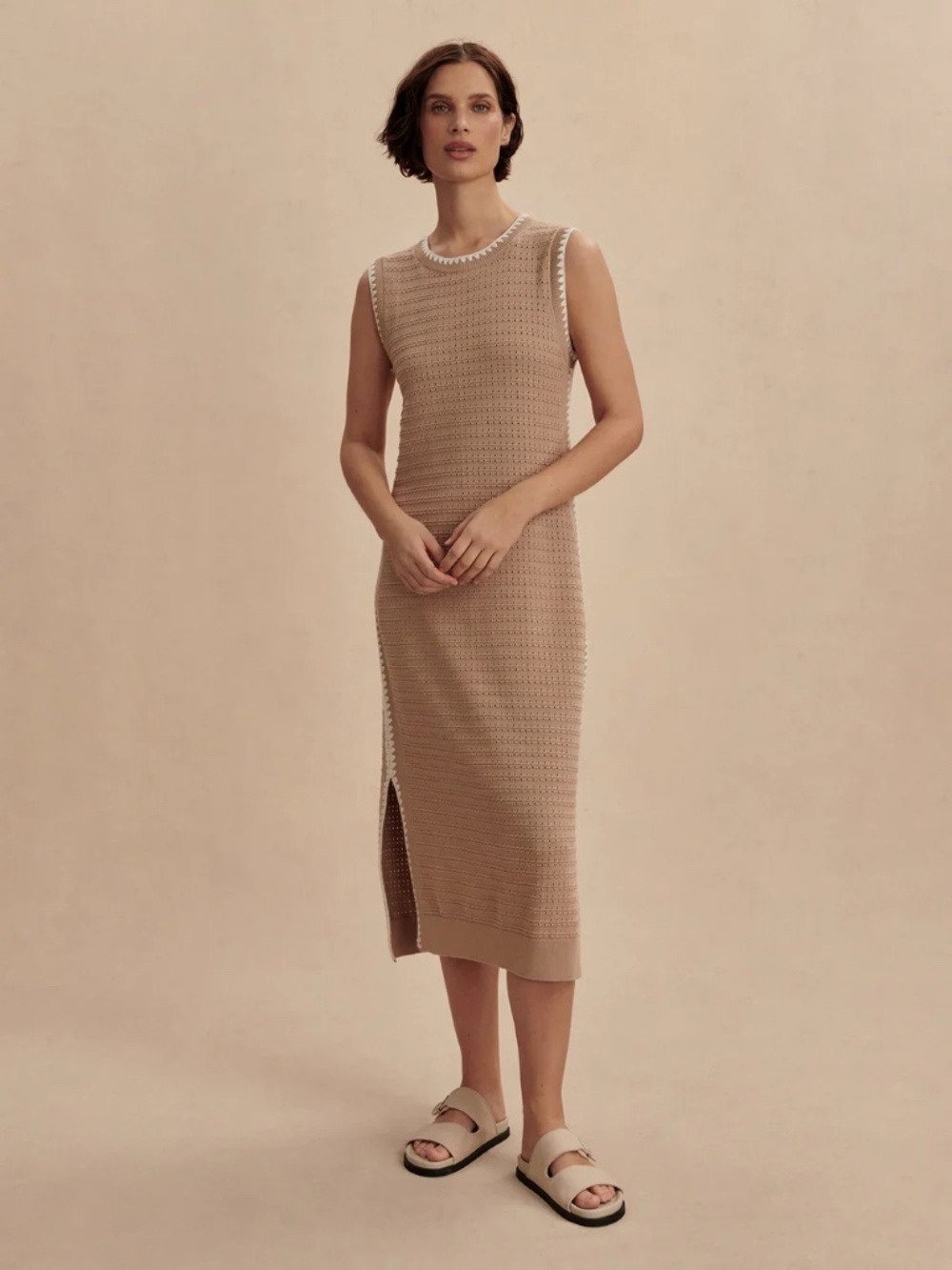NWT Varley Dwight Tank Knit Dress Light Taupe White Sz M